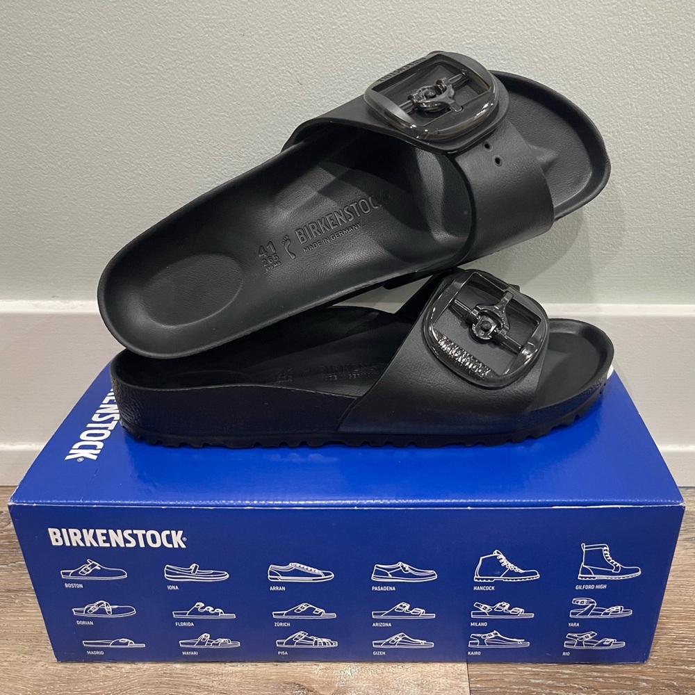 Birkenstocks - Black Big Buckle Madrid EVA Slides, Size 41 (Women’s 10) Narrow.